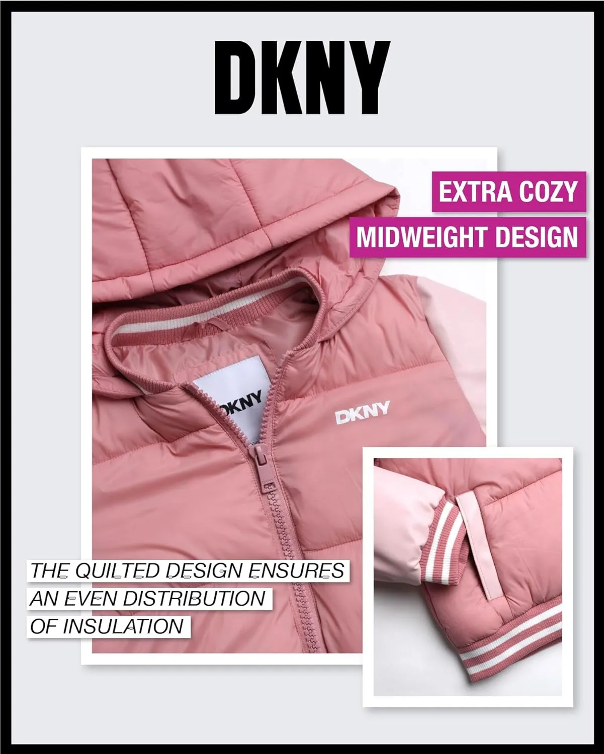 DKNY Girls' Quilted Puffer Jacket - Warm Hooded Insulated Winter Jacket for Girls - Kids' Outerwear Varsity Jacket (7-16)