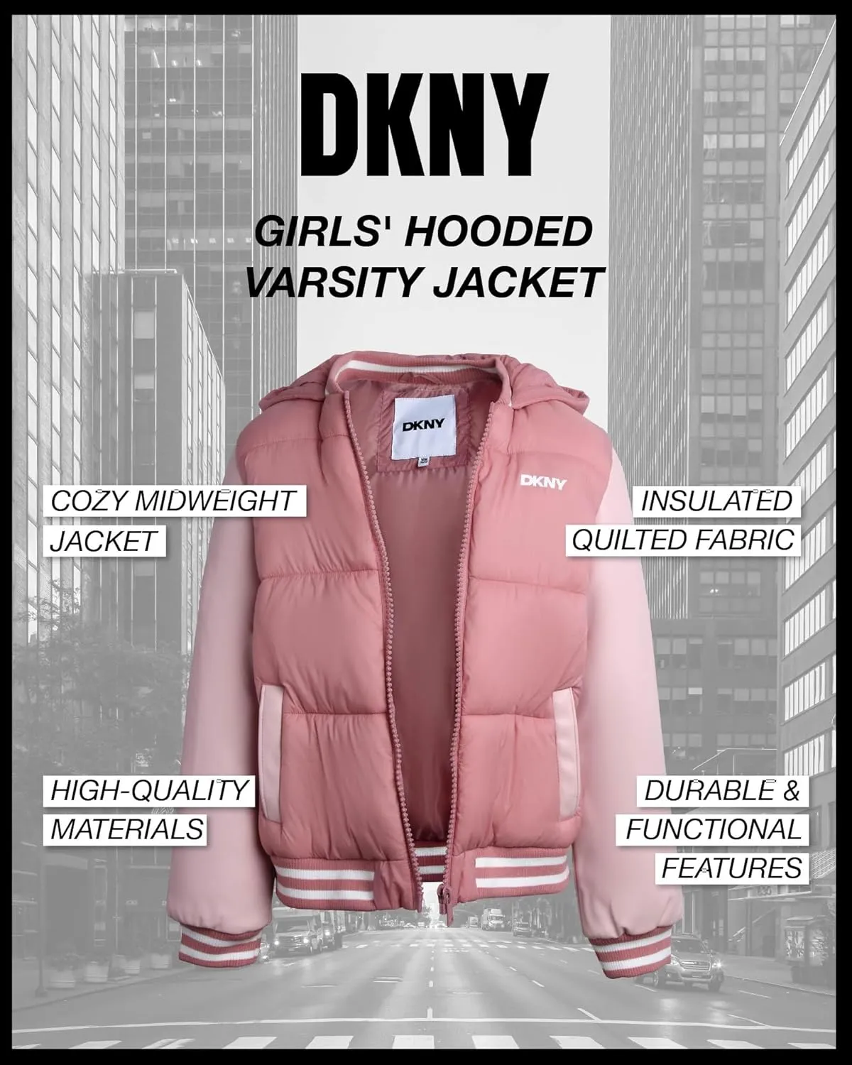 DKNY Girls' Quilted Puffer Jacket - Warm Hooded Insulated Winter Jacket for Girls - Kids' Outerwear Varsity Jacket (7-16)