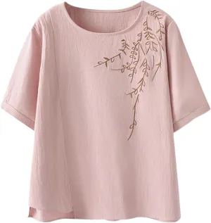 Fashion Embroidery T Shirt for Women Casual Short Sleeve Crewneck Tunic Tops Oversized Summer Cotton Basic Blouses