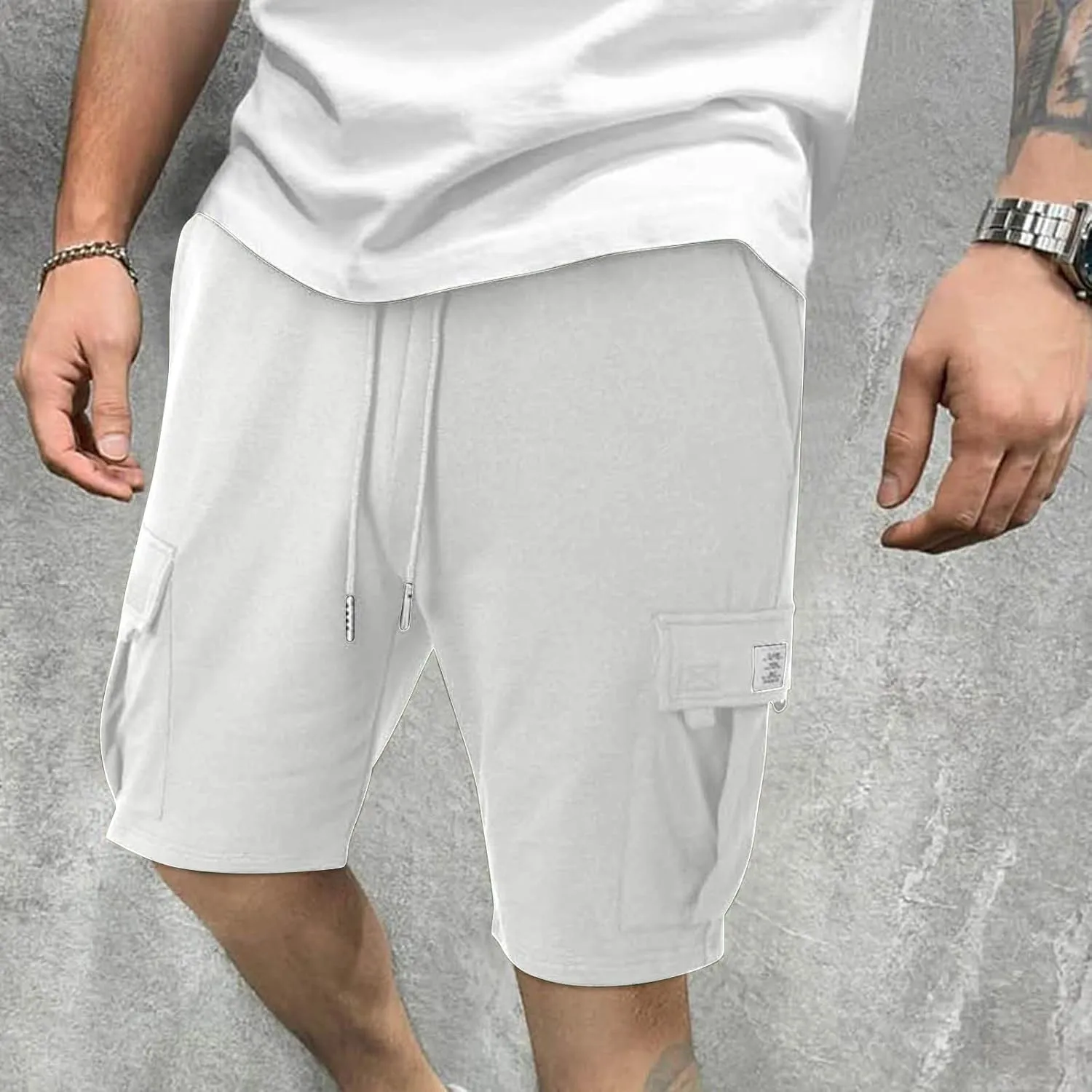 Finelylove Cargo Shorts for Men Casual Summer Sweat Shorts Elastic Waist Drawstring Workout Athletic Gym Shorts with Pockets