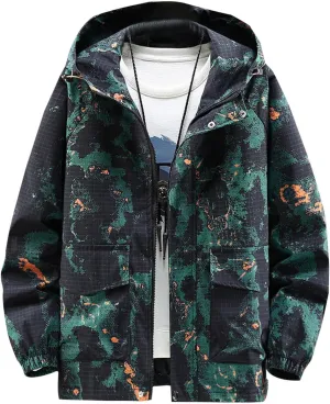 Finelylove Mens Lightweight Camo Jacket Zip Up Spring Fall Casual Hooded Jackets Water Resistant Windbreaker Outwear