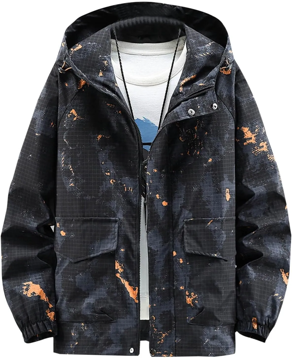 Finelylove Mens Lightweight Camo Jacket Zip Up Spring Fall Casual Hooded Jackets Water Resistant Windbreaker Outwear