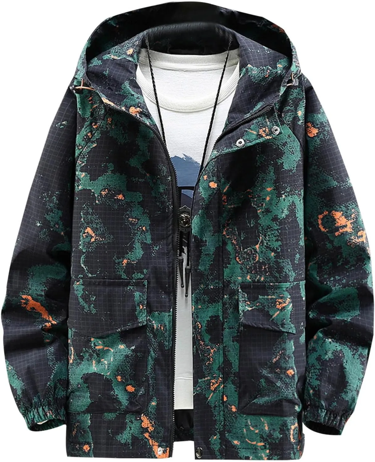 Finelylove Mens Lightweight Camo Jacket Zip Up Spring Fall Casual Hooded Jackets Water Resistant Windbreaker Outwear