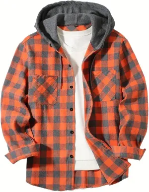 Flannel Hoodie Shirt for Men Casual Button Down Plaid Shirt Jacket Classic Drawstring Long Sleeve Shacket Coats