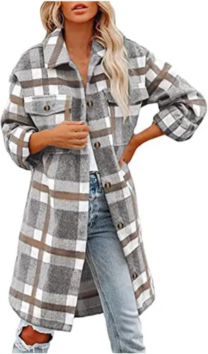 Flannel Shirts for Women Quilted Lined Shacket Jacket Fall Winter Tartan Trench Coat Tartan Long Jacket Coats