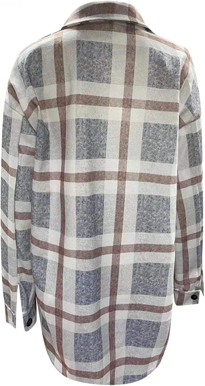 Flannel Shirts for Women Quilted Lined Shacket Jacket Fall Winter Tartan Trench Coat Tartan Long Jacket Coats
