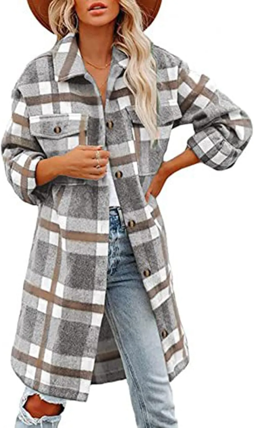 Flannel Shirts for Women Quilted Lined Shacket Jacket Fall Winter Tartan Trench Coat Tartan Long Jacket Coats