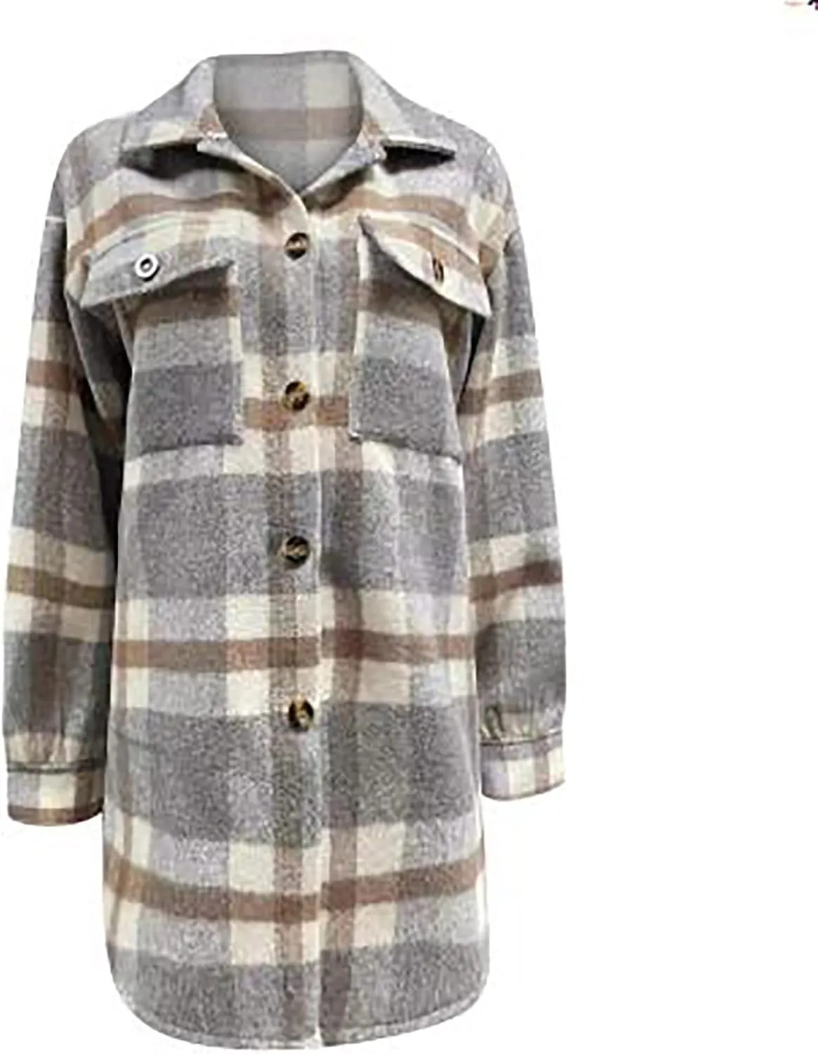 Flannel Shirts for Women Quilted Lined Shacket Jacket Fall Winter Tartan Trench Coat Tartan Long Jacket Coats