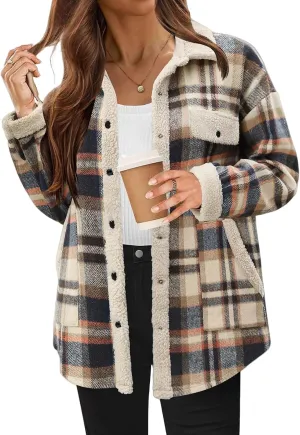 Fleece Jacket Women Plaid Shacket Jacket Long Sleeve Button Down Jacket Sherpa Lined Flannel Jacket Fall Winter Coat