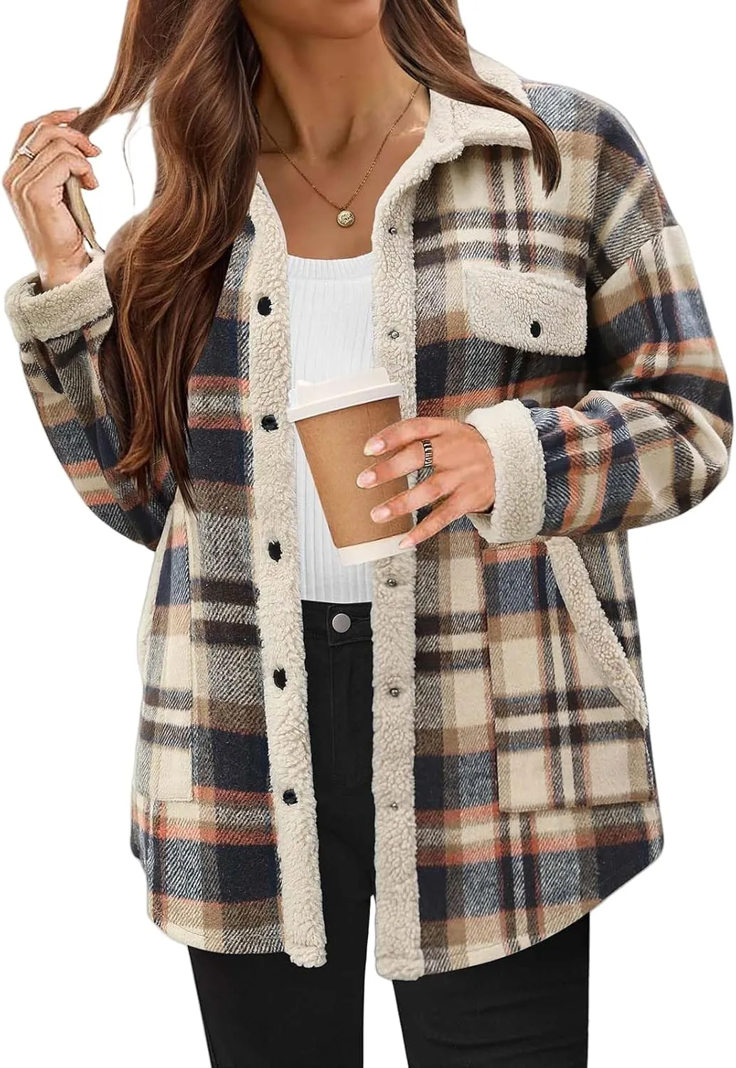 Fleece Jacket Women Plaid Shacket Jacket Long Sleeve Button Down Jacket Sherpa Lined Flannel Jacket Fall Winter Coat