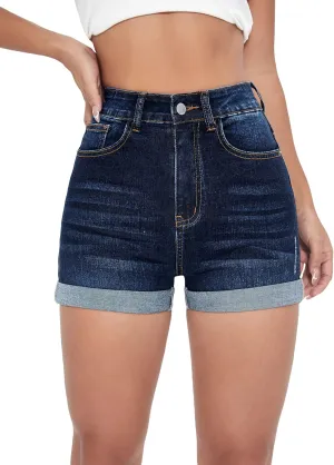 Floerns Women's Stretchy High Waisted Folded Hem Denim Shorts