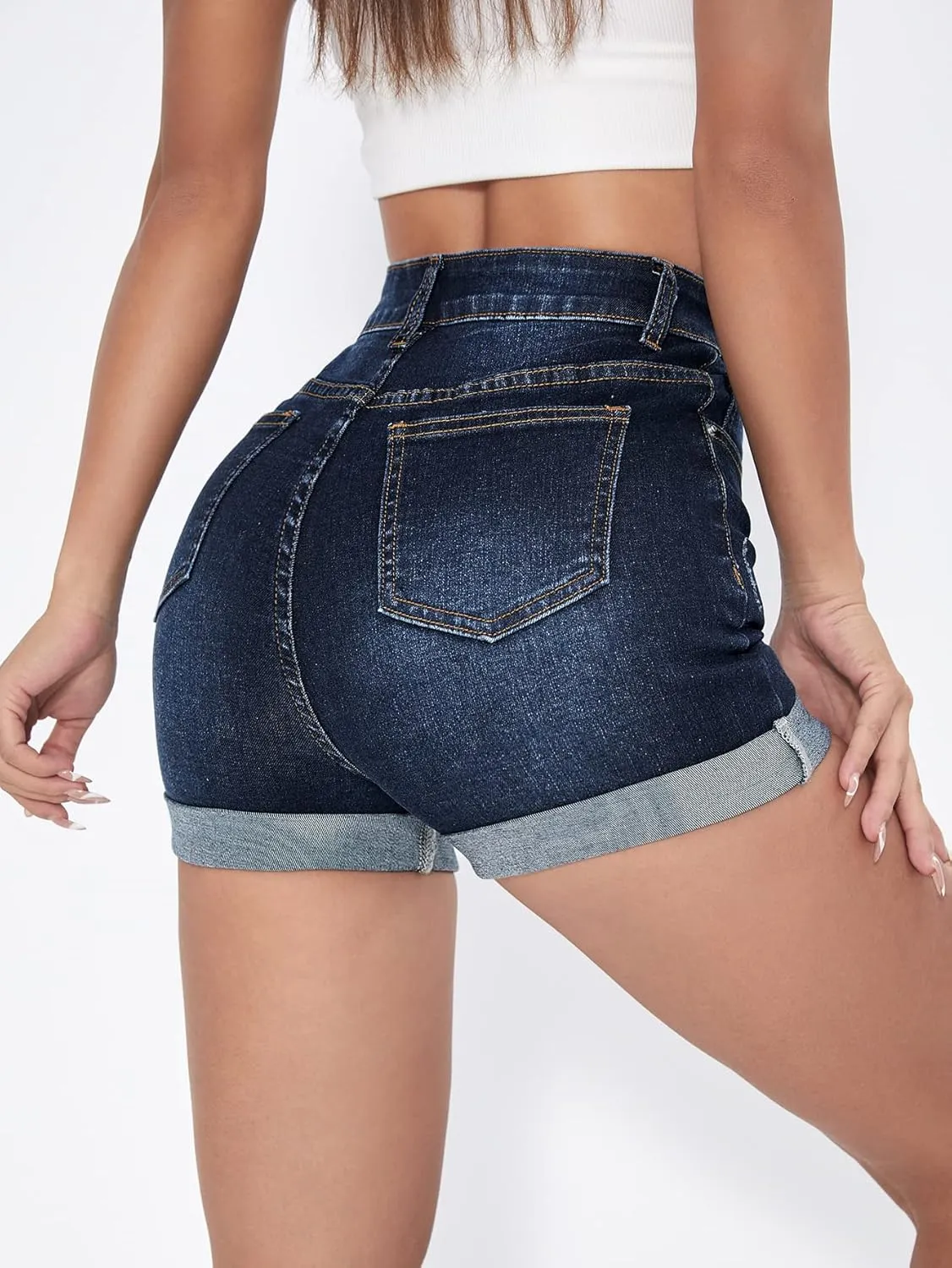 Floerns Women's Stretchy High Waisted Folded Hem Denim Shorts