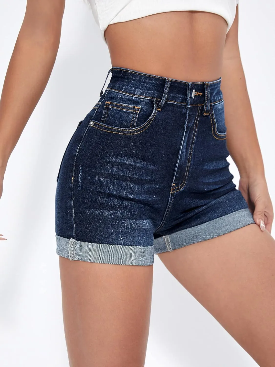 Floerns Women's Stretchy High Waisted Folded Hem Denim Shorts