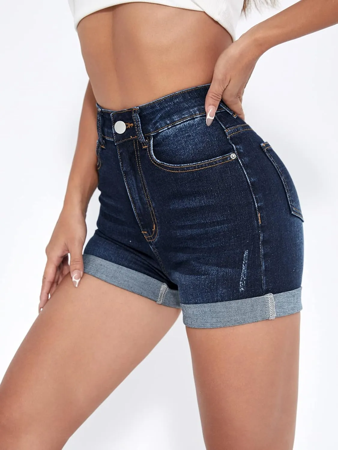 Floerns Women's Stretchy High Waisted Folded Hem Denim Shorts