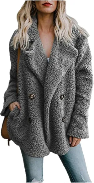 Fuzzy Fleece Jacket Women 2024 Winter Teddy Bear Sherpa Coats Warm Lapel Button Down Cardigan Faux Fur Outwear Pockets