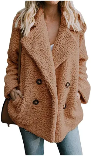 Fuzzy Fleece Jacket Women 2024 Winter Teddy Bear Sherpa Coats Warm Lapel Button Down Cardigan Faux Fur Outwear Pockets