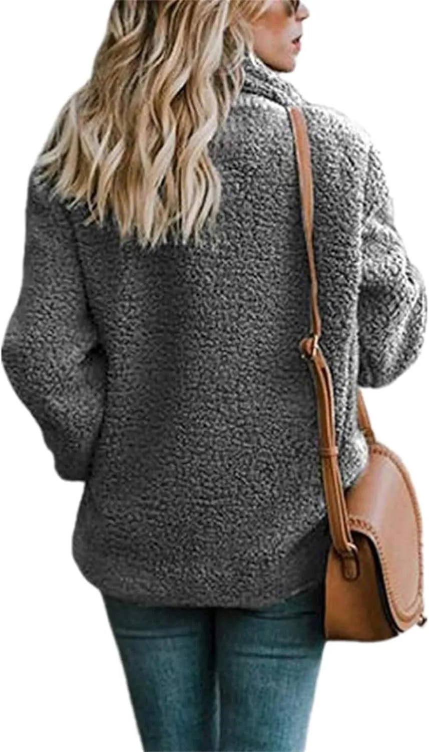 Fuzzy Fleece Jacket Women 2024 Winter Teddy Bear Sherpa Coats Warm Lapel Button Down Cardigan Faux Fur Outwear Pockets