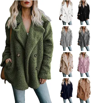 Fuzzy Fleece Jacket Women 2024 Winter Teddy Bear Sherpa Coats Warm Lapel Button Down Cardigan Faux Fur Outwear Pockets