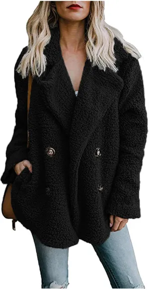 Fuzzy Fleece Jacket Women 2024 Winter Teddy Bear Sherpa Coats Warm Lapel Button Down Cardigan Faux Fur Outwear Pockets