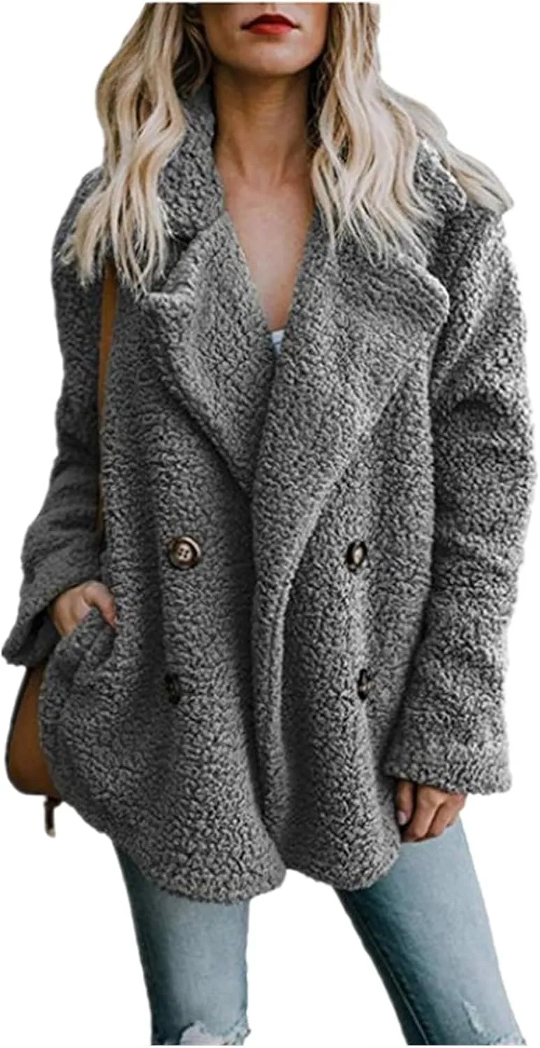Fuzzy Fleece Jacket Women 2024 Winter Teddy Bear Sherpa Coats Warm Lapel Button Down Cardigan Faux Fur Outwear Pockets