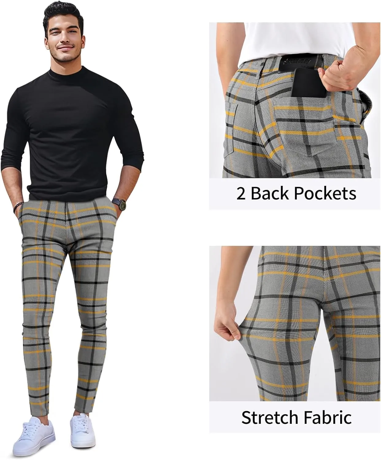 GINGTTO Mens Plaid Dress Pants Stretch Chino Pants Men Slim Fit