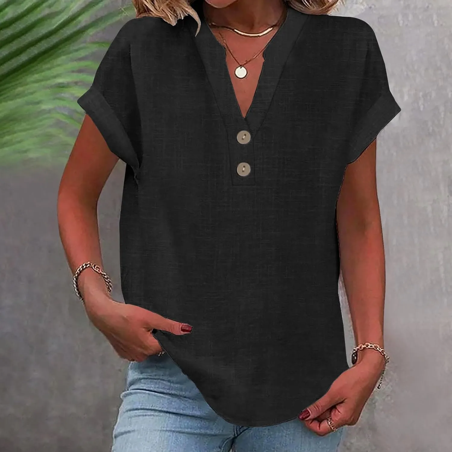 GOKKILRW Linen Shirts for Women V Neck Lightweight Gauze Blouse Short Sleeve Office Work Tops Hippie Vacation Beach T-Shirts