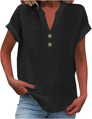 GOKKILRW Linen Shirts for Women V Neck Lightweight Gauze Blouse Short Sleeve Office Work Tops Hippie Vacation Beach T-Shirts