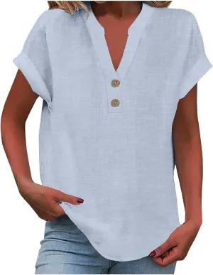 GOKKILRW Linen Shirts for Women V Neck Lightweight Gauze Blouse Short Sleeve Office Work Tops Hippie Vacation Beach T-Shirts