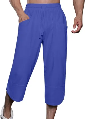 GOKKILRW Mens Pants Mens Linen Pants Casual Lightweight Beach Chino Pants Cropped Summer Capri Pants Drawstring Elastic Waist