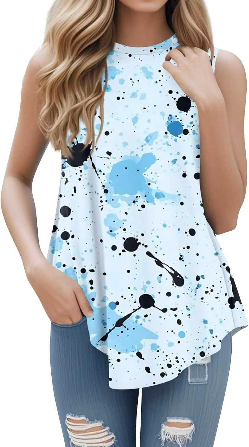 Graphic Tank Tops for Women Tie Dye Summer Sleeveless Blouses Cre Neck Casual Loose Fit Flowy Shirts S-3Xl