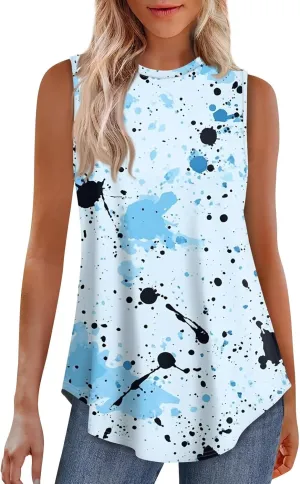 Graphic Tank Tops for Women Tie Dye Summer Sleeveless Blouses Cre Neck Casual Loose Fit Flowy Shirts S-3Xl