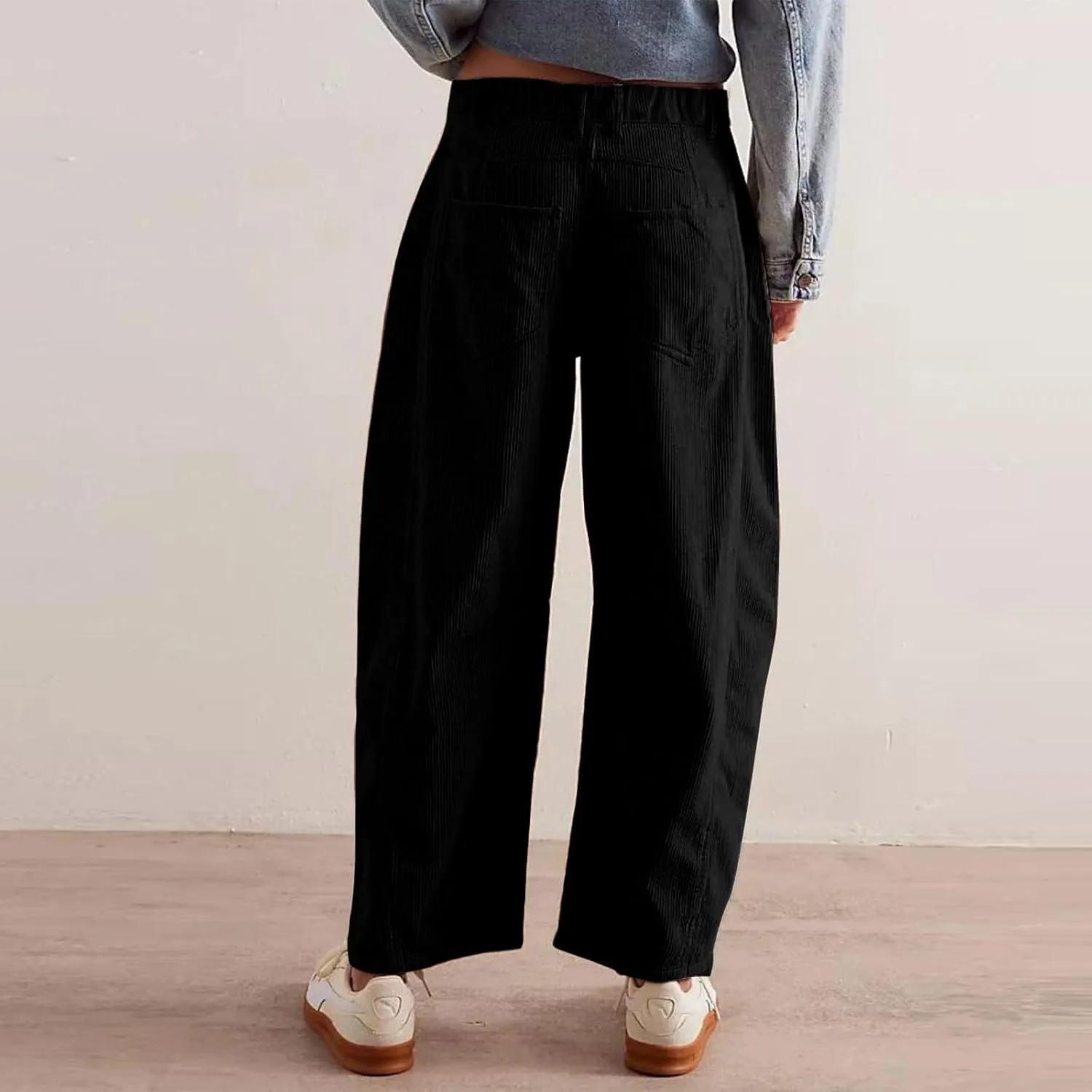 Gumipy Womens Corduroy Pants Casual Elastic Mid Rise Barrel Pants Baggy Wide Leg Pants Trendy Cropped Pants with Pockets