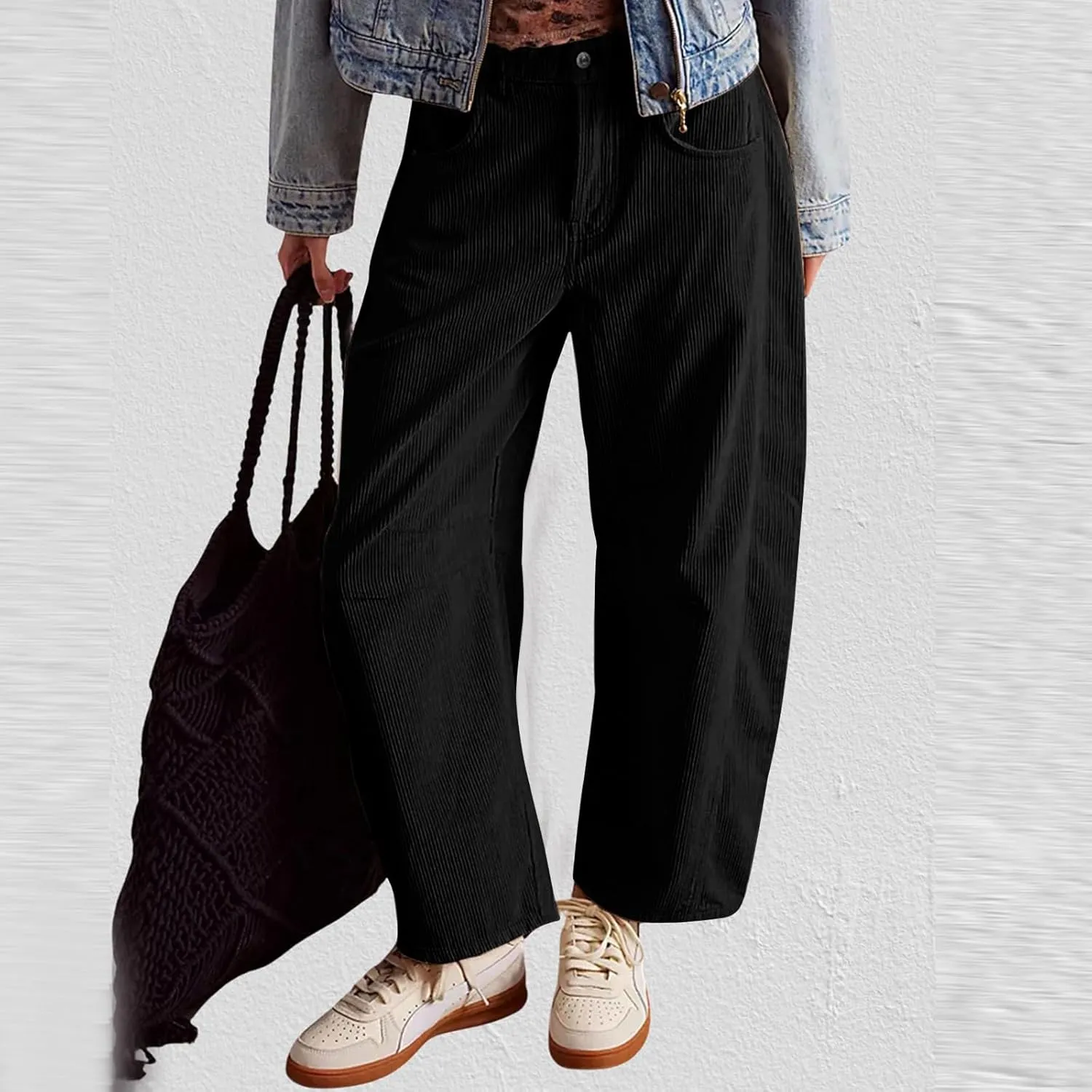 Gumipy Womens Corduroy Pants Casual Elastic Mid Rise Barrel Pants Baggy Wide Leg Pants Trendy Cropped Pants with Pockets
