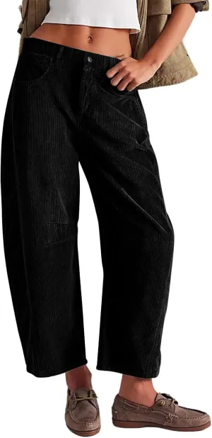 Gumipy Womens Corduroy Pants Casual Elastic Mid Rise Barrel Pants Baggy Wide Leg Pants Trendy Cropped Pants with Pockets