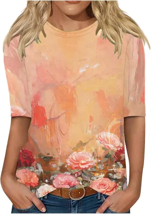 Half Short Sleeve Tops for Women 2025 Summer Vintage Graphic Tees Casual Loose Fit Basic Womens Tshirts Tunic Blouse