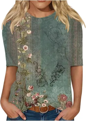 Half Short Sleeve Tops for Women 2025 Summer Vintage Graphic Tees Casual Loose Fit Basic Womens Tshirts Tunic Blouse