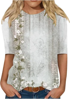 Half Short Sleeve Tops for Women 2025 Summer Vintage Graphic Tees Casual Loose Fit Basic Womens Tshirts Tunic Blouse