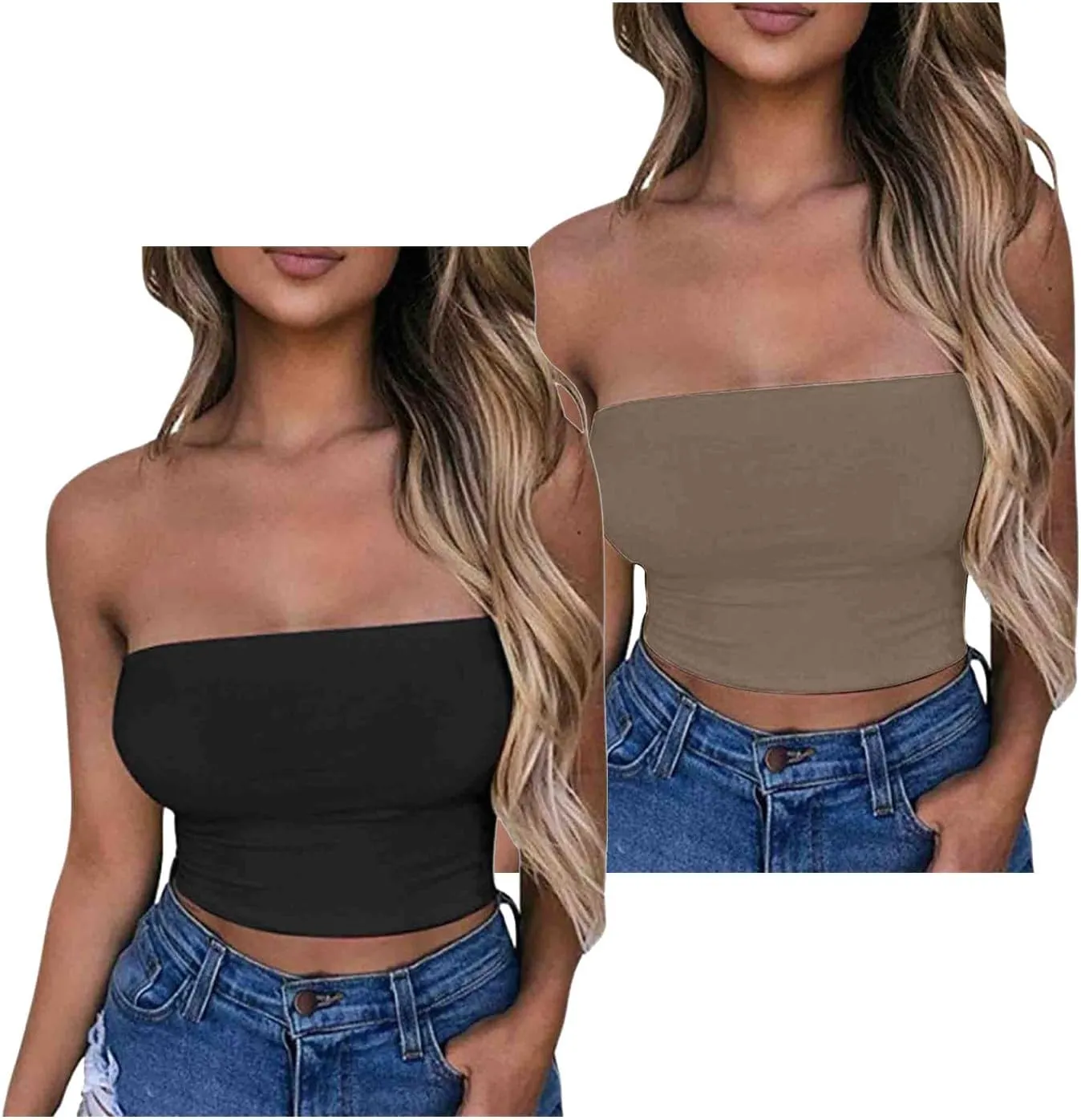 HGps8w 2 Pack Women's Tube Crop Tops Strapless Cute Basic Solid Sleeveless Stretchy Seamless Bandeau Shirts