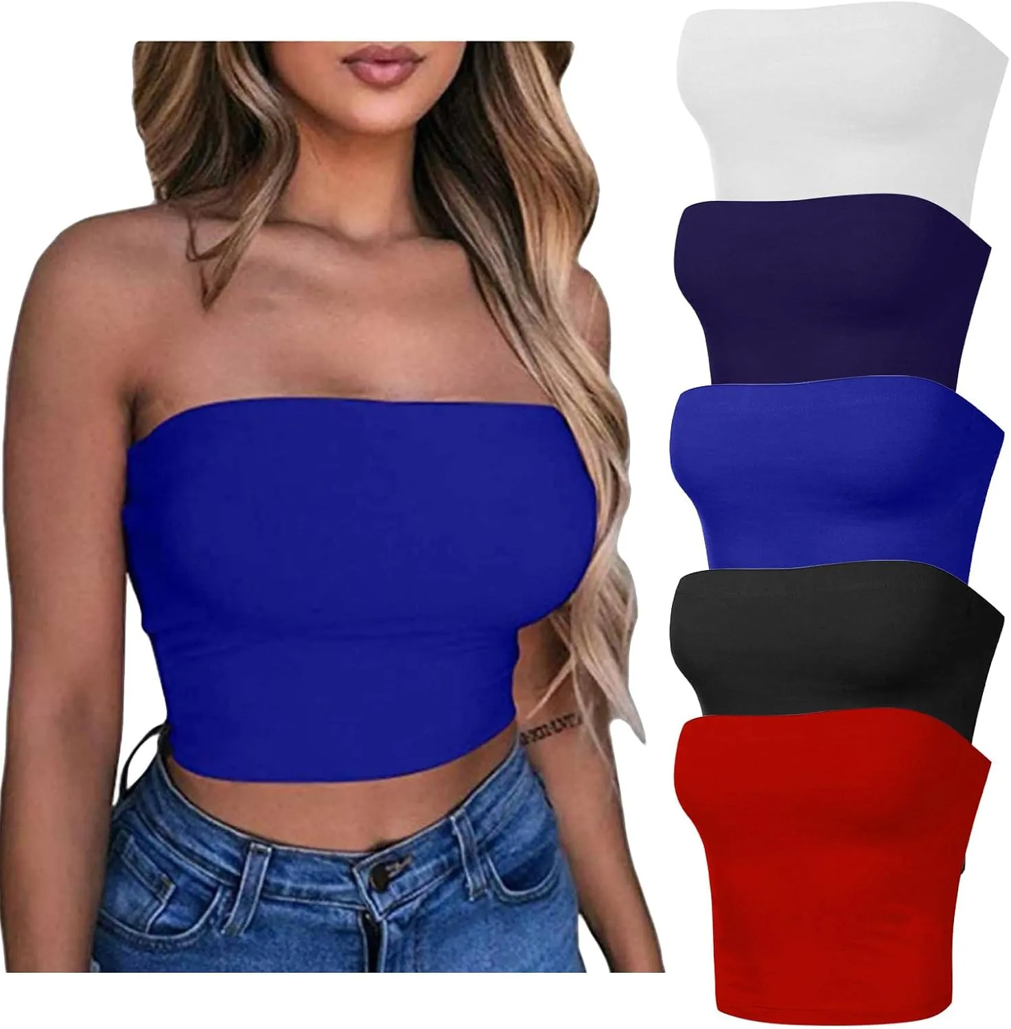 HGps8w 5 Pack Women's Cute Tube Crop Tops Strapless Basic Solid Sleeveless Stretchy Seamless Bandeau Shirts