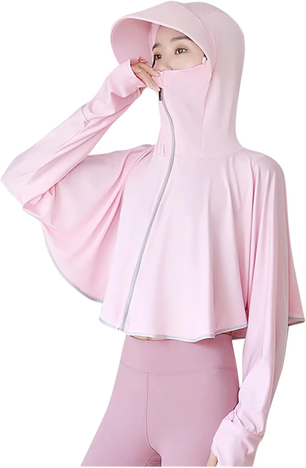 HGps8w Womens UPF 50  Sun Protection Cape Hoodie Jacket Lightweight Outdoor Cropped Sun Shirts with Face Mask & Thumb Holes