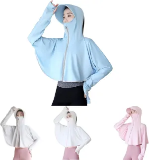 HGps8w Womens UPF 50  Sun Protection Cape Hoodie Jacket Lightweight Outdoor Cropped Sun Shirts with Face Mask & Thumb Holes
