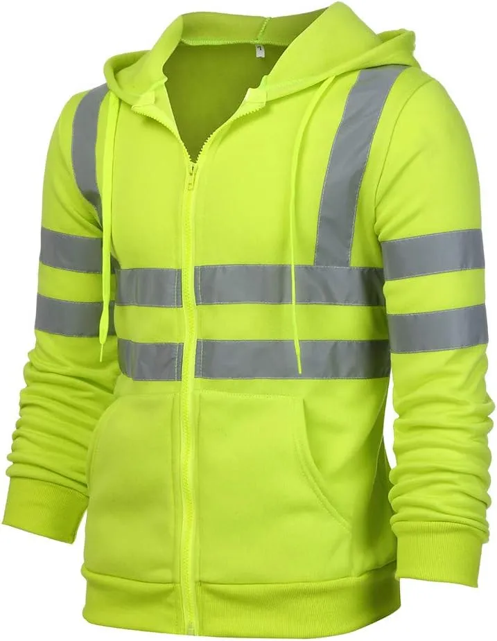 High Visibility Safety Sweatshirt for Men Class 3 Reflective Strips Zipper Up Hooded Jacket Work Utility Hi-Vis Hoodies