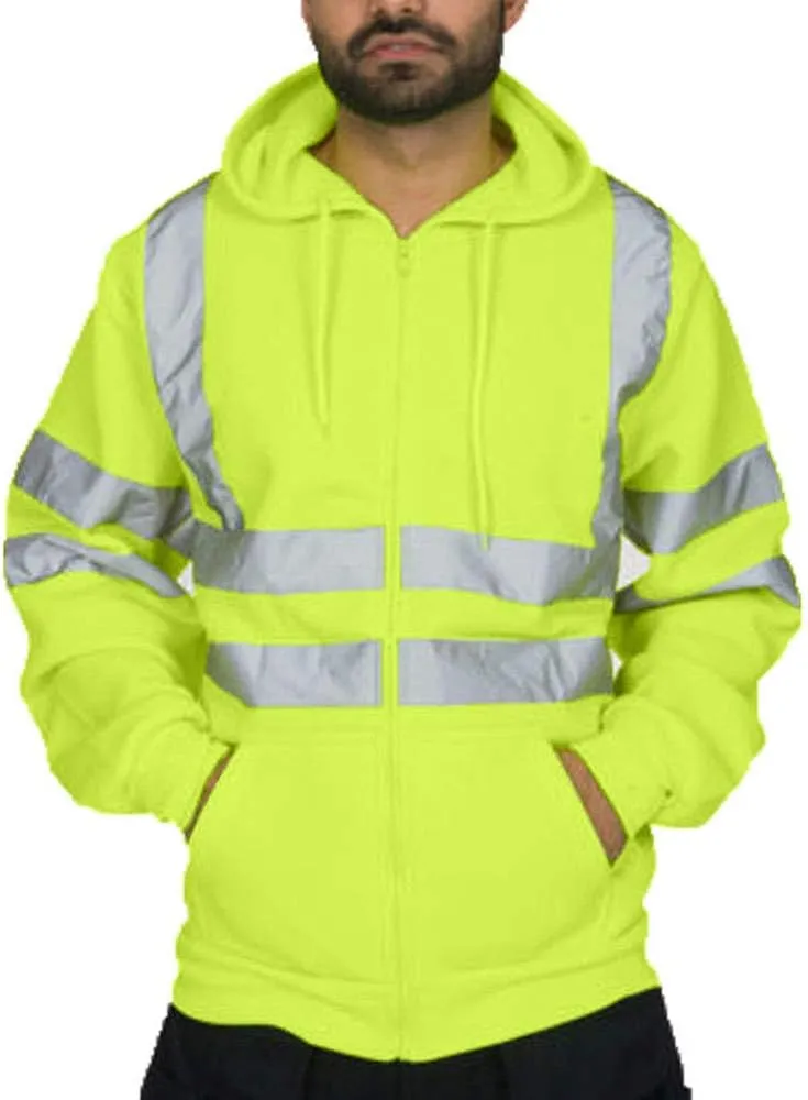 High Visibility Safety Sweatshirt for Men Class 3 Reflective Strips Zipper Up Hooded Jacket Work Utility Hi-Vis Hoodies
