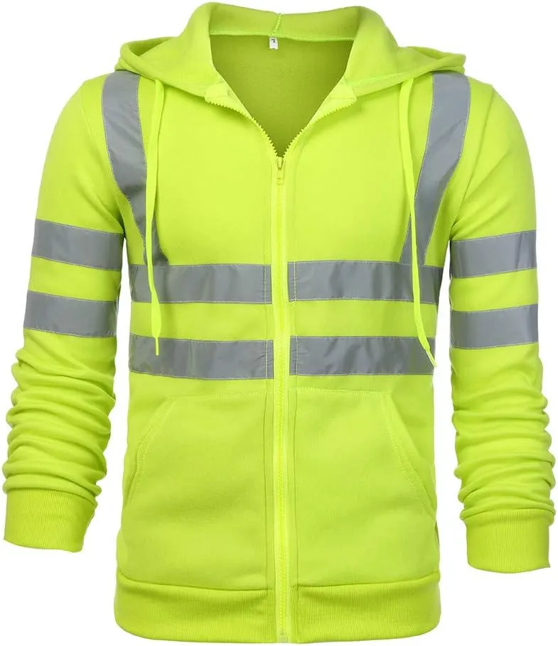 High Visibility Safety Sweatshirt for Men Class 3 Reflective Strips Zipper Up Hooded Jacket Work Utility Hi-Vis Hoodies
