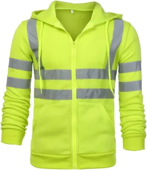 High Visibility Safety Sweatshirt for Men Class 3 Reflective Strips Zipper Up Hooded Jacket Work Utility Hi-Vis Hoodies