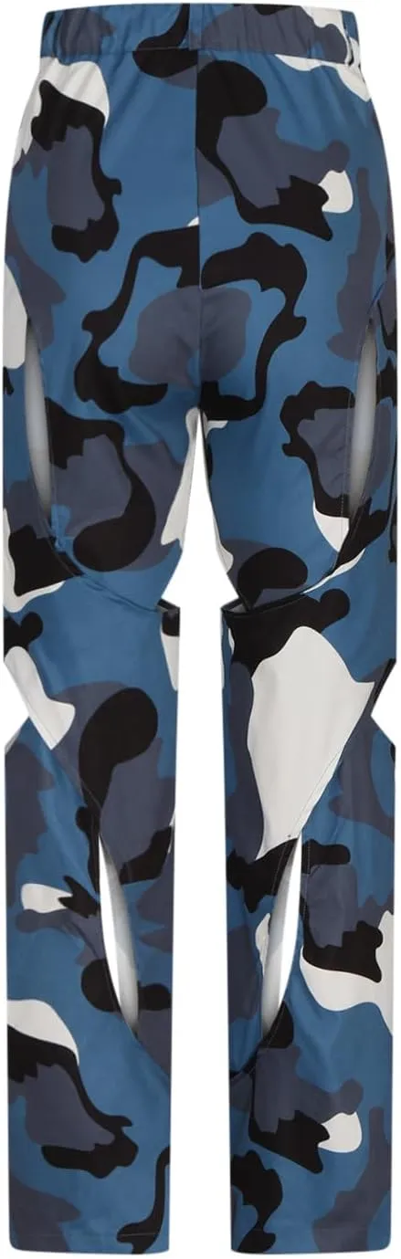 High Waisted Camo Pants for Women Cut Out Straight Wide Leg Cargo Pants Casual Loose Fit Novelty Trousers