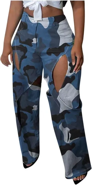 High Waisted Camo Pants for Women Cut Out Straight Wide Leg Cargo Pants Casual Loose Fit Novelty Trousers