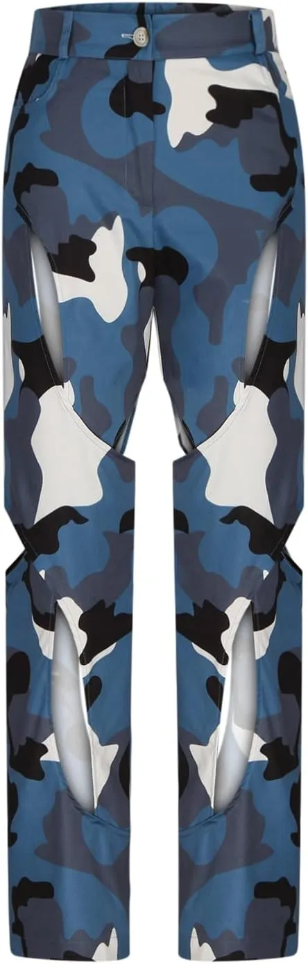 High Waisted Camo Pants for Women Cut Out Straight Wide Leg Cargo Pants Casual Loose Fit Novelty Trousers