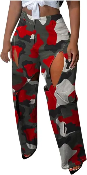 High Waisted Camo Pants for Women Cut Out Straight Wide Leg Cargo Pants Casual Loose Fit Novelty Trousers