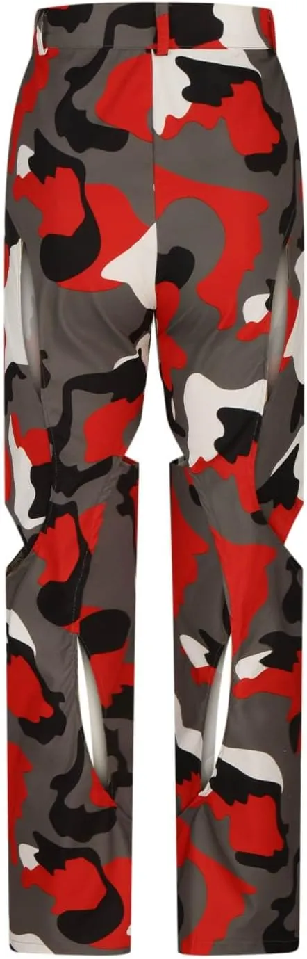 High Waisted Camo Pants for Women Cut Out Straight Wide Leg Cargo Pants Casual Loose Fit Novelty Trousers